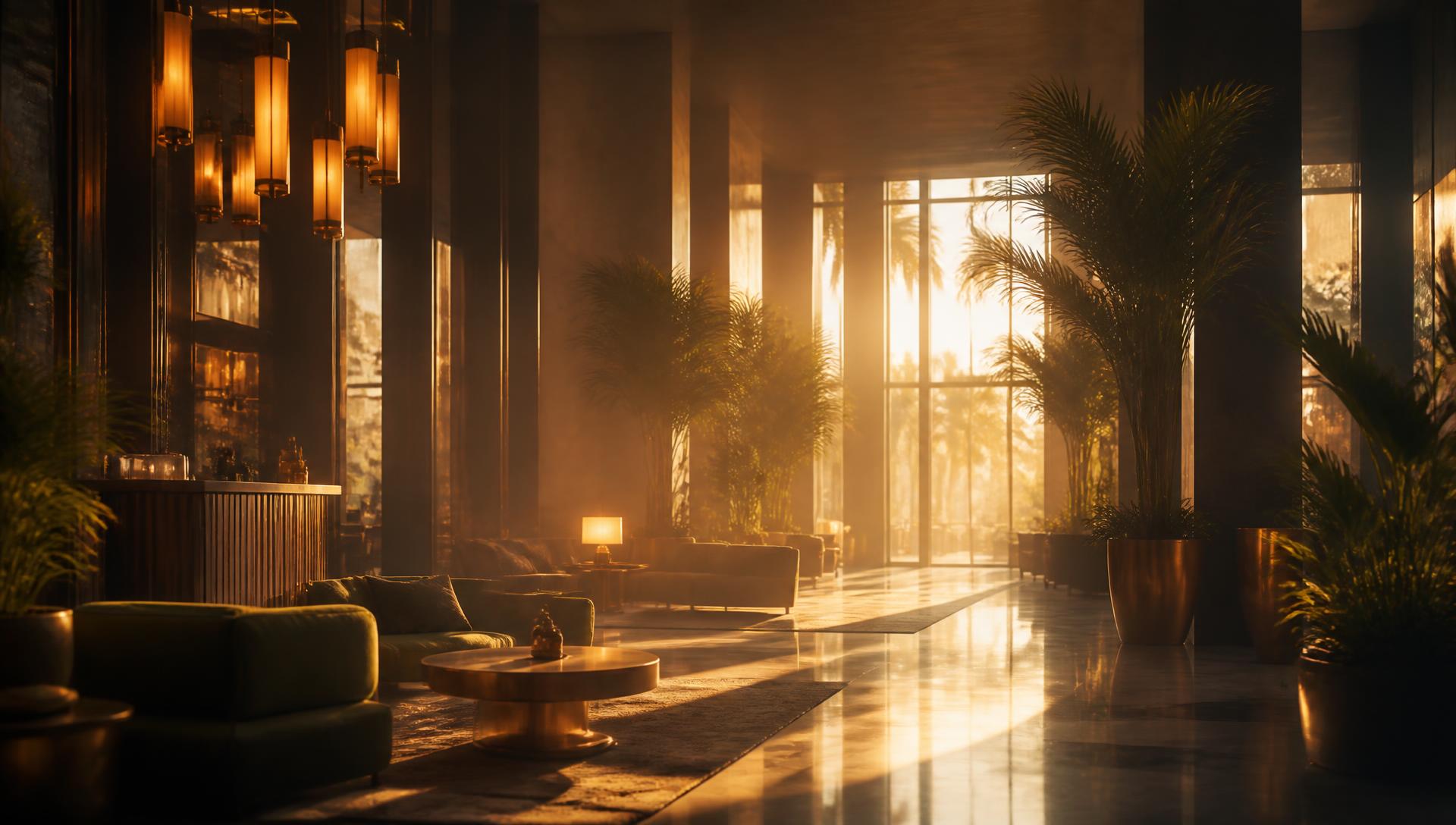 Warm, sunlit hotel lobby with a subtle fragrance in the air